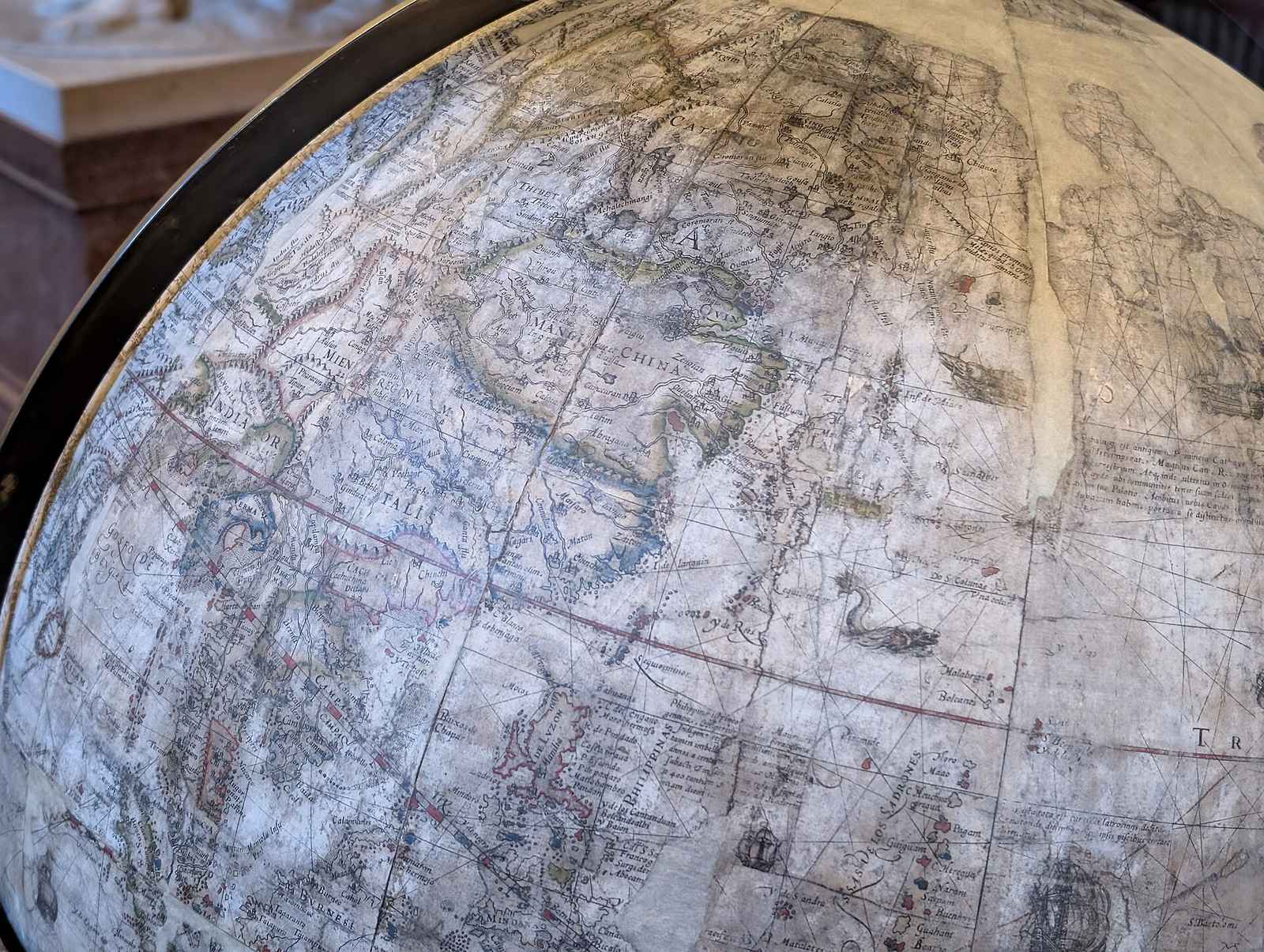 Close view of an antique terrestrial globe